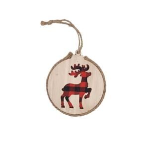 Rustic Wooden Christmas Ornament Buffalo Plaid Reindeer Round Hanging Decor
